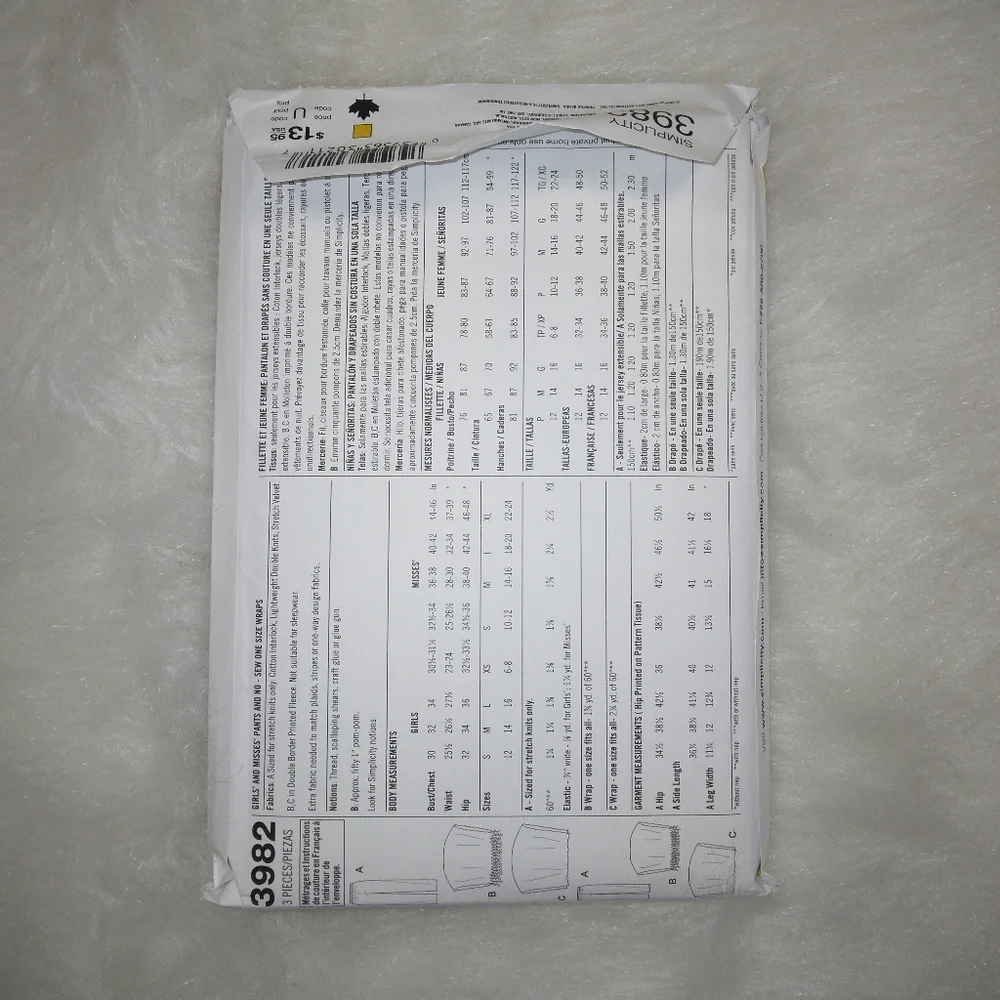 Simplicity 3982 Girl's & Misses Pants & No Sew Wrap